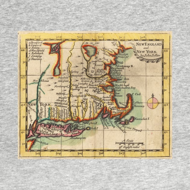 Vintage New England & Long Island Map (1703) by Bravuramedia